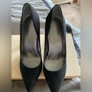 Black suede jeweled heel pumps